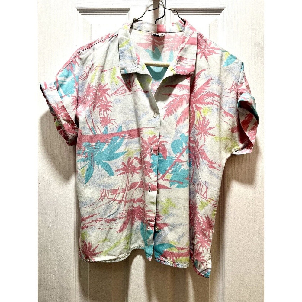VTG Topson Downs 80s Pink Blue Button Down Short Sleeve Blouse L Miami Vice - Picture 8 of 11